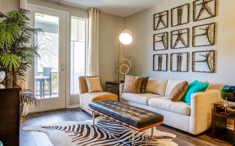 Living room with wood floors and furnishings